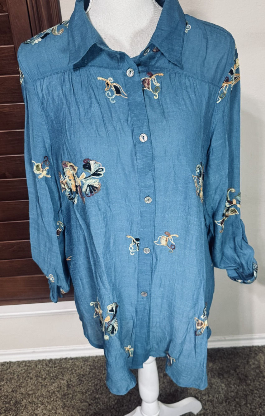 Anthropologie Fig & Flower‎ Button Up Blouse Embroidered Teal Green sz XL